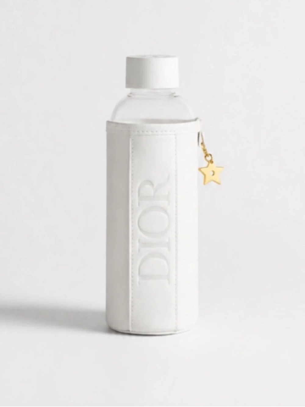 Dior White Embossed Logo Water Bottle Sleeve with Gold Star Charm